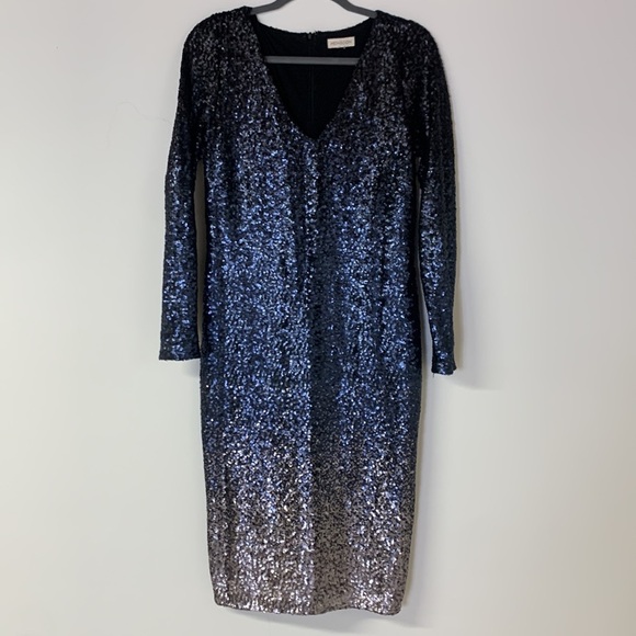 Monsoon Sequins Ombré Navy Blue V-Neck Long Sleeve Midi Cocktail Dress, Size M - Picture 4 of 17
